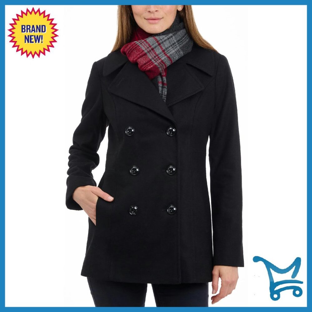 Double Breasted Peacoat With Scarf - Large - Wool Blend Winter Coat